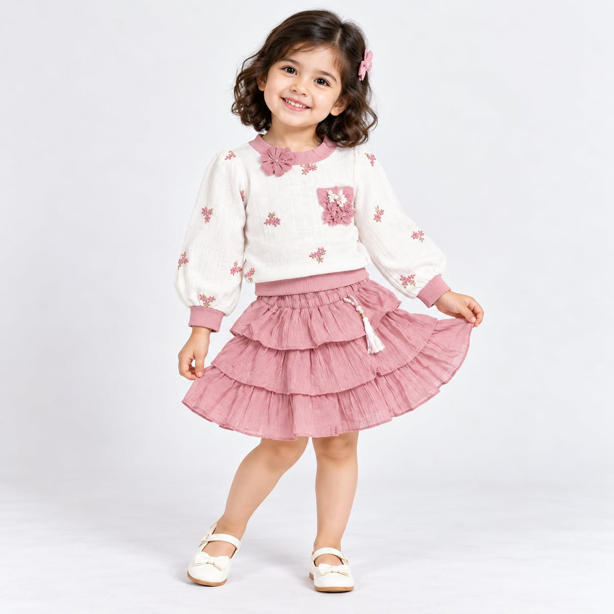 Girls White & Pink Floral Embroidered Top With Layered Skirt Set