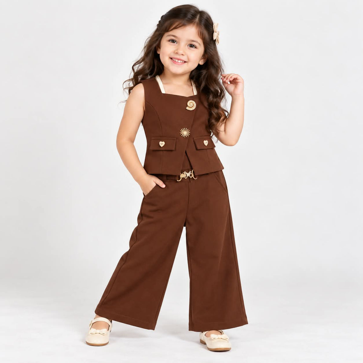 Girls Brown Designer Waistcoat & Wide Leg Pant Set | Stylish Party Wear 2 Piece Outfit for Kids