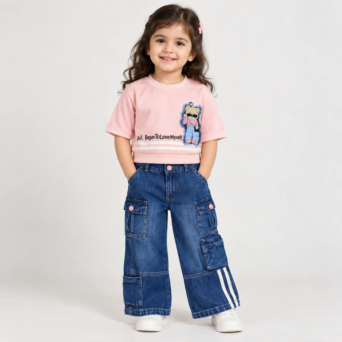 Girls Pink Ribbed Top with Blue Denim Cargo Pants Set