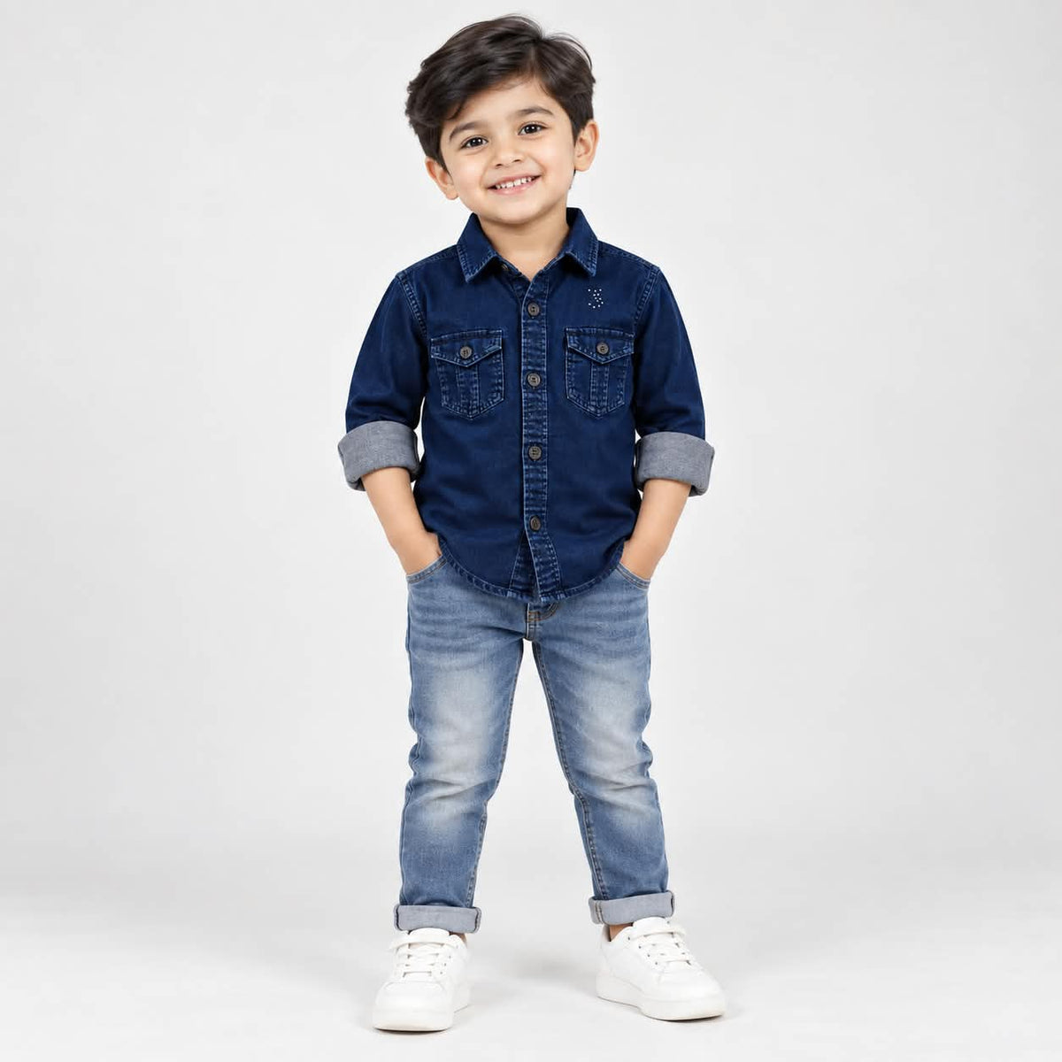 Boys Denim Shirt | Full Sleeve Casual Shirt with Dual Pocket & Rolled Cuffs