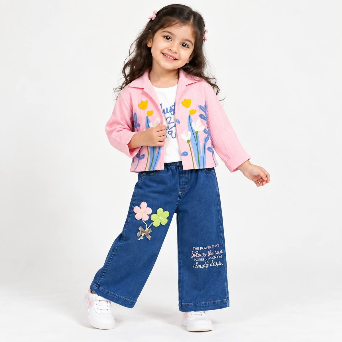 Girls Pink Floral Embroidered Jacket & Wide-Leg Denim Pants Set