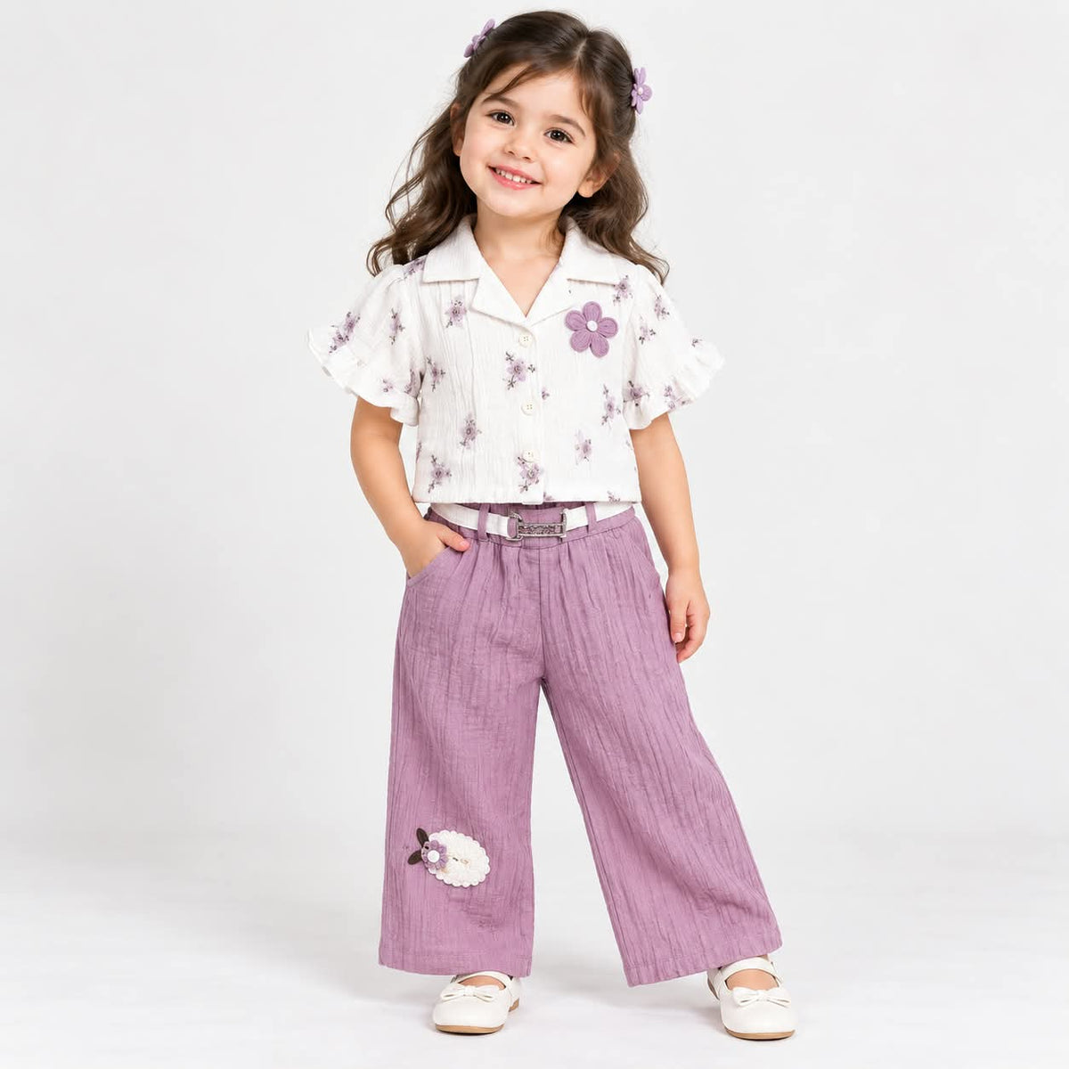 Girls Stylish White Floral Shirt & Lavender Wide Leg Pant Set