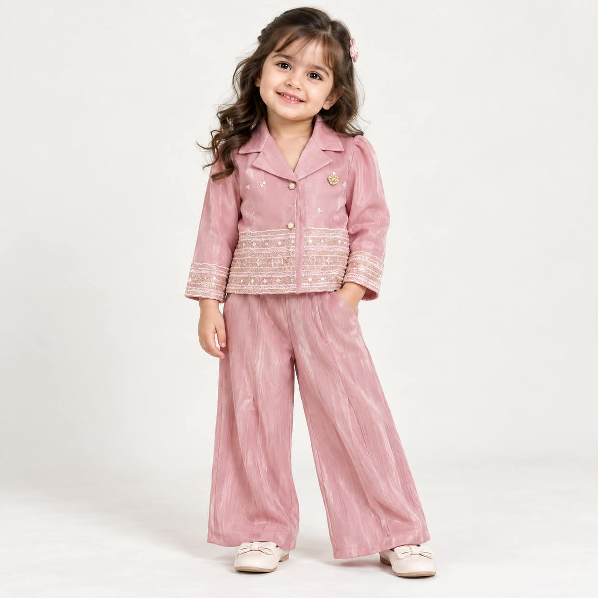 Girls Pink Party Wear Embroidered Blazer Style Top & Wide Leg Pant Co-Ord Set | Stylish Ethnic Western Outfit for Girls