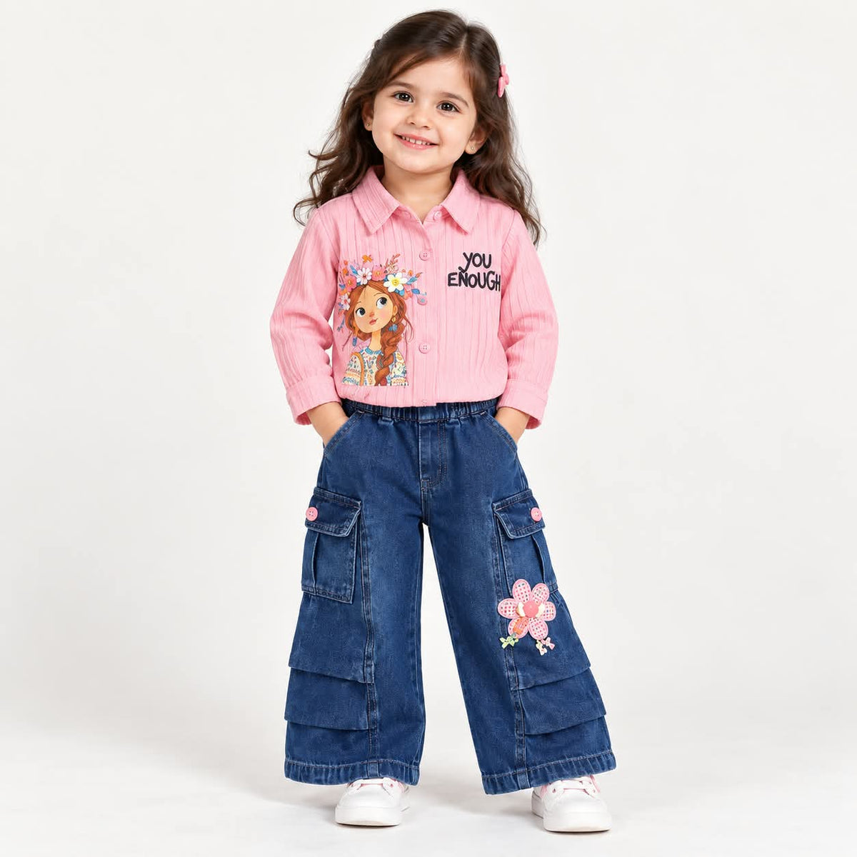 Girls Pink Printed Shirt & Wide Leg Denim Cargo Pants Set