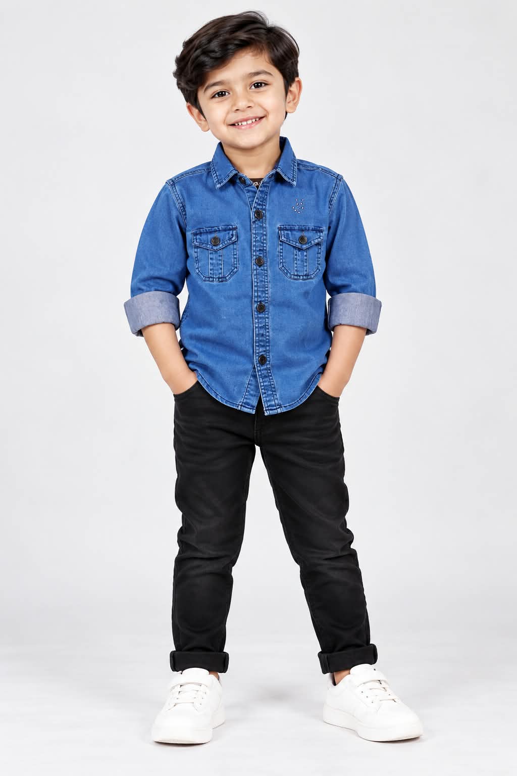 Boys Denim Shirt | Full Sleeve Casual Shirt with Dual Pocket & Rolled Cuffs