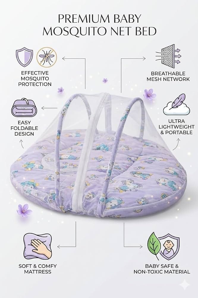 Premium Baby Mosquito Net Bed with Soft Mattress – Foldable & Portable